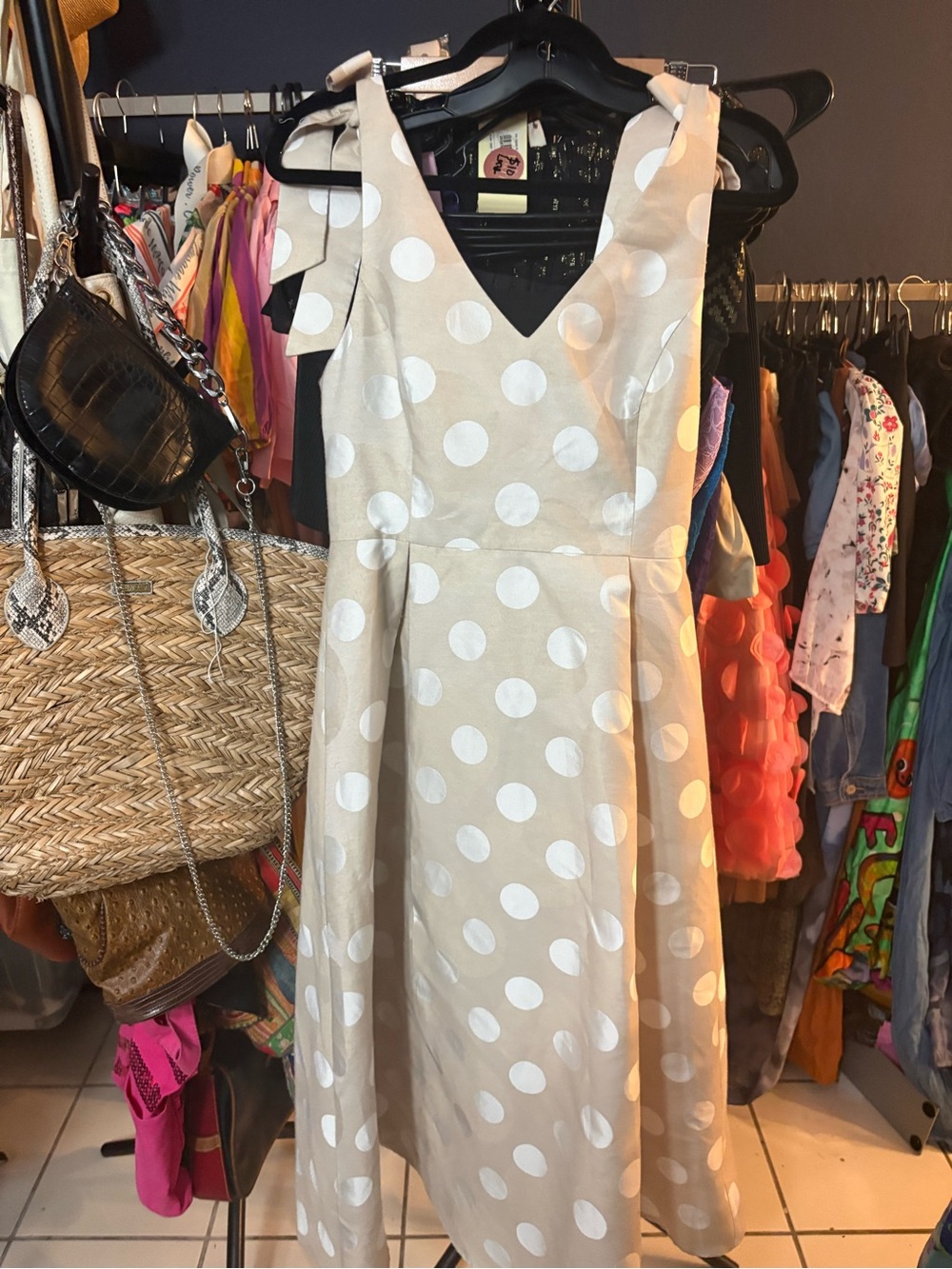 MARBLE Beige Polka Dot Midi Dress with Tie Straps. Size M.